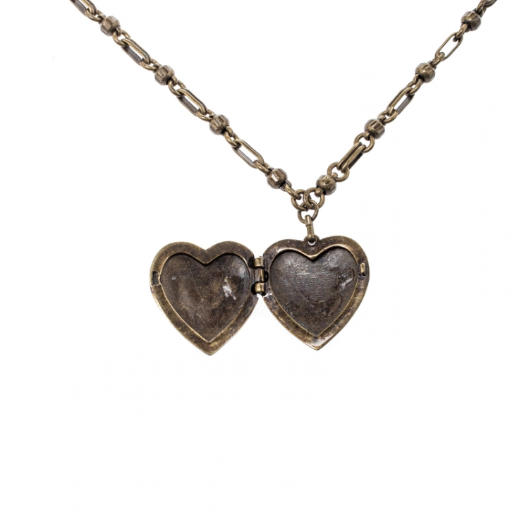 Pre Owned Etro Textured Heart Locket Gold Tone Long Necklace