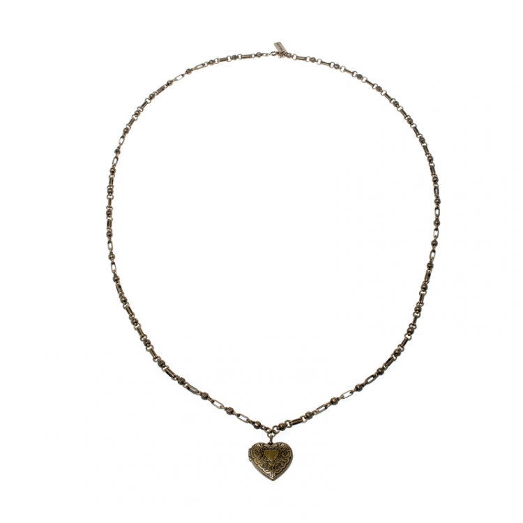 Pre Owned Etro Textured Heart Locket Gold Tone Long Necklace