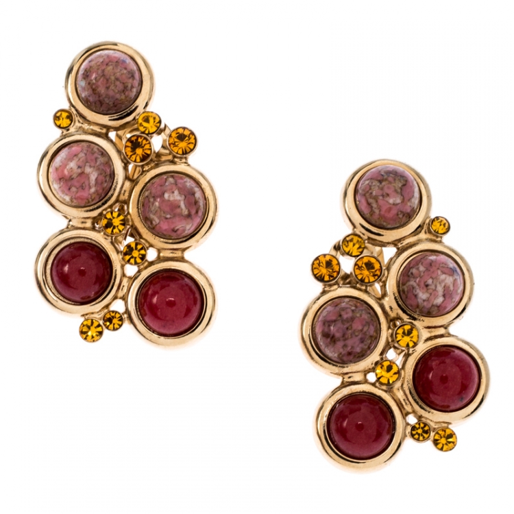 Pre Owned Etro Crystal Cabochon Gold Tone Clip-on Stud Earrings