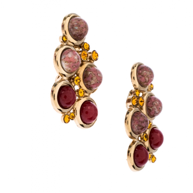 Pre Owned Etro Crystal Cabochon Gold Tone Clip-on Stud Earrings