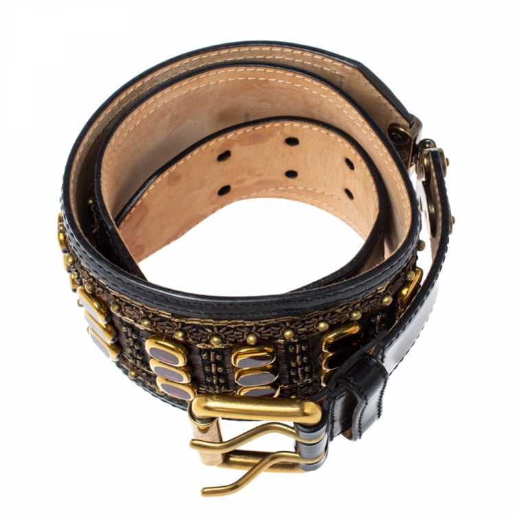 Pre Owned Etro Black Leather Crystal Embellished Waist Belt 75 CM