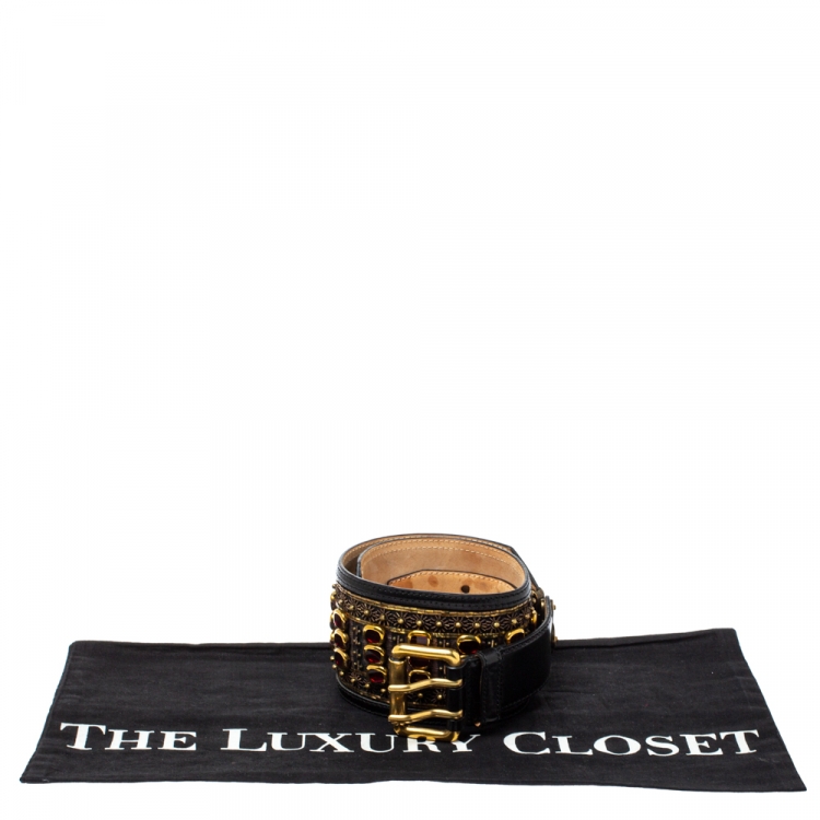 Pre Owned Etro Black Leather Crystal Embellished Waist Belt 75 CM
