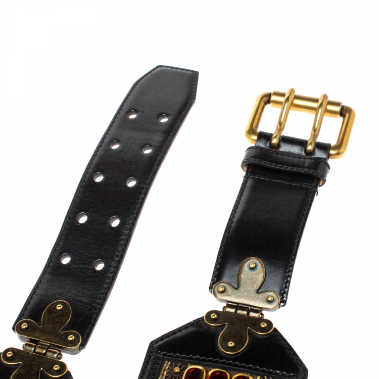Pre Owned Etro Black Leather Crystal Embellished Waist Belt 75 CM
