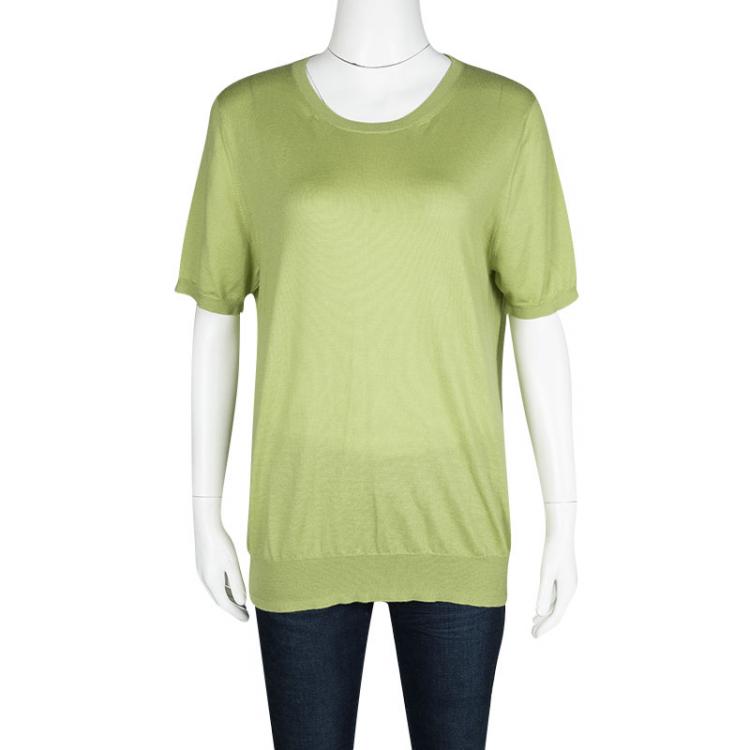 Pre Owned Etro Green Wool Silk Rib Trim Short Sleeve Sweater L
