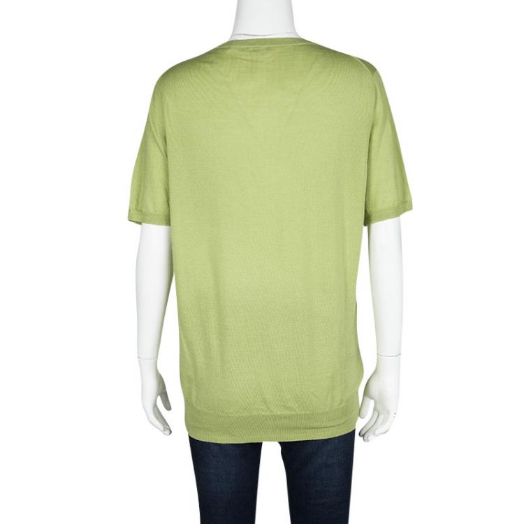 Pre Owned Etro Green Wool Silk Rib Trim Short Sleeve Sweater L