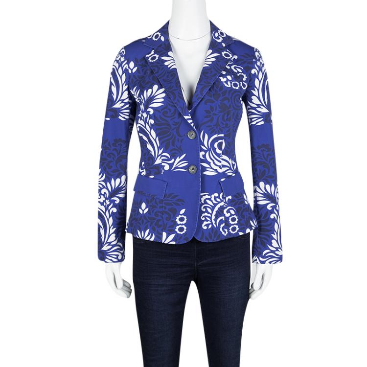 Pre Owned Etro Blue and White Floral Printed Cotton Blazer M