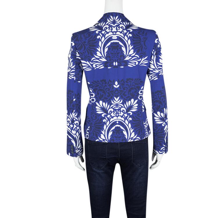 Pre Owned Etro Blue and White Floral Printed Cotton Blazer M