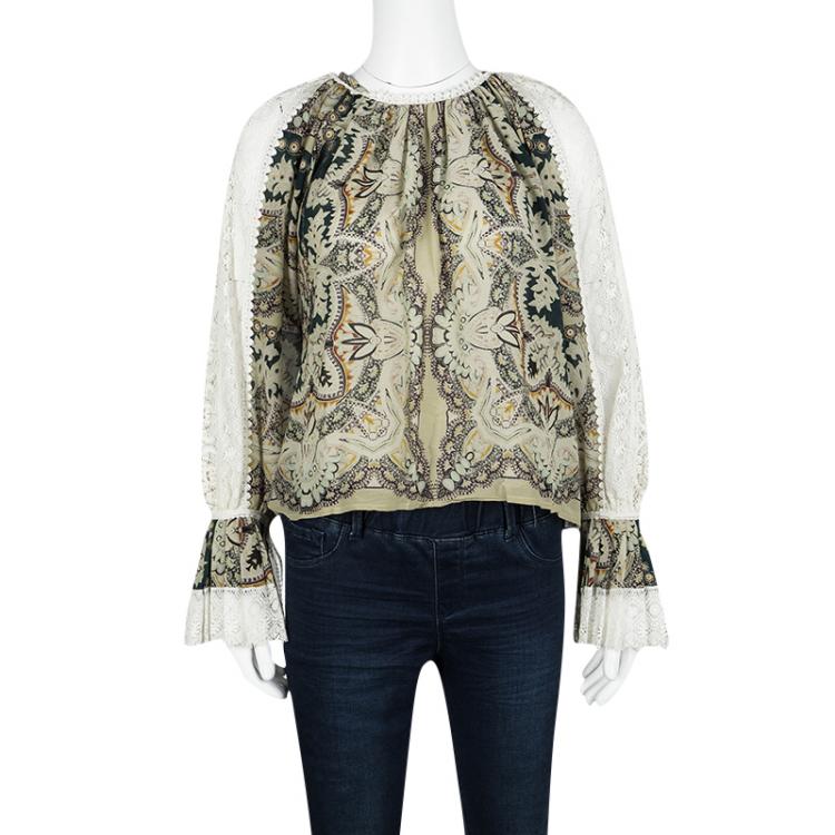 Pre Owned Etro Paisley Print Lace Trim Long Sleeve Blouse S