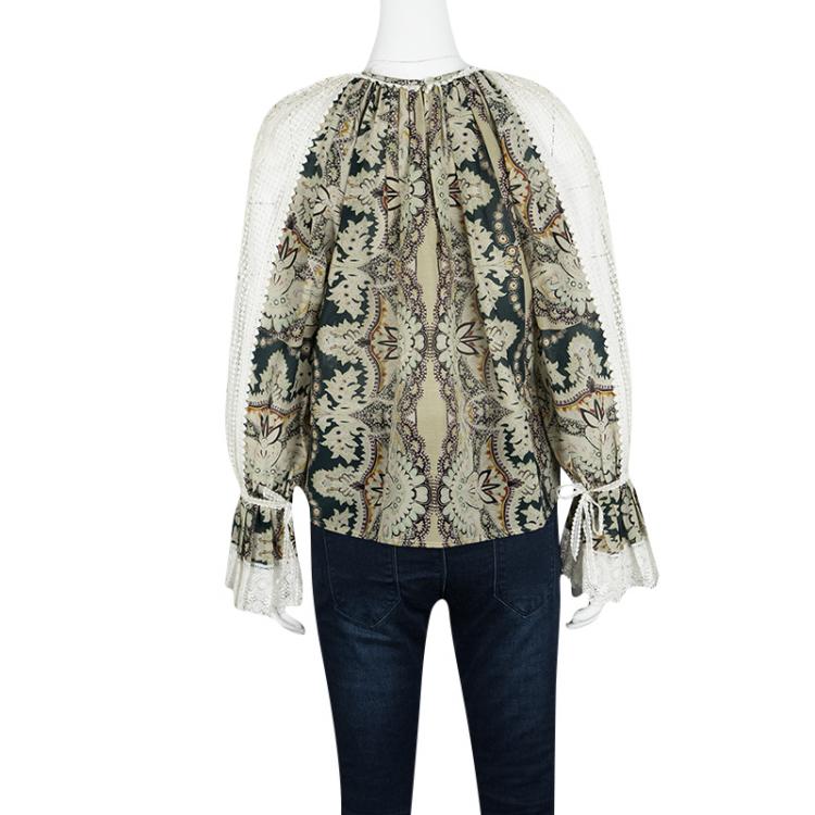 Pre Owned Etro Paisley Print Lace Trim Long Sleeve Blouse S