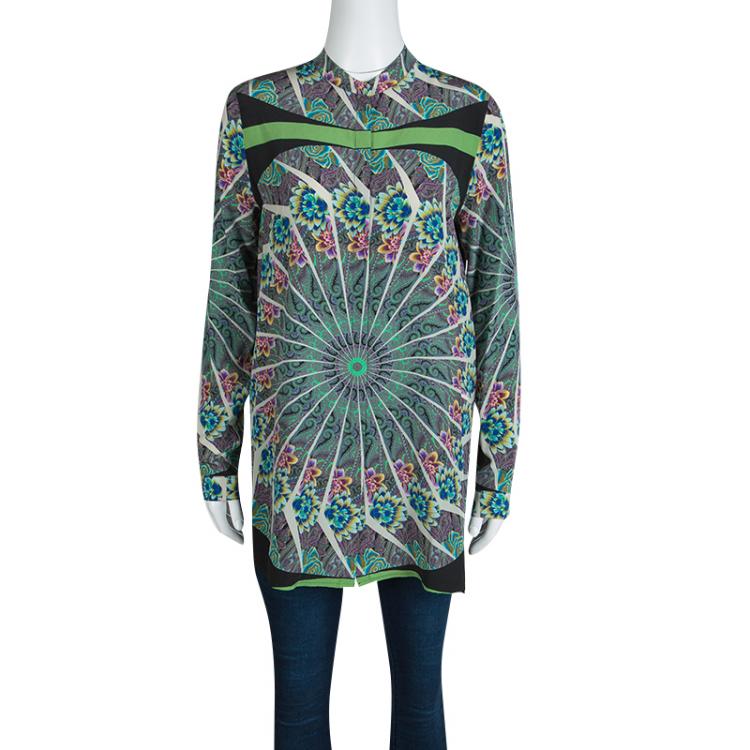 Pre Owned Etro Multicolor Printed Silk Mandarin Collar Long Sleeve Button Front Blouse S