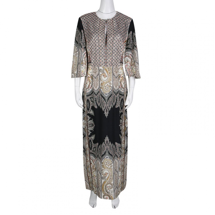 Pre Owned Etro Embellished Lace Bodice Detail Paisley Printed Silk Maxi Dress M