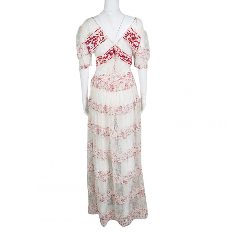 Pre Owned Etro Cream and Red Floral Embroidered Paneled Lace Sheer Maxi Dress M 