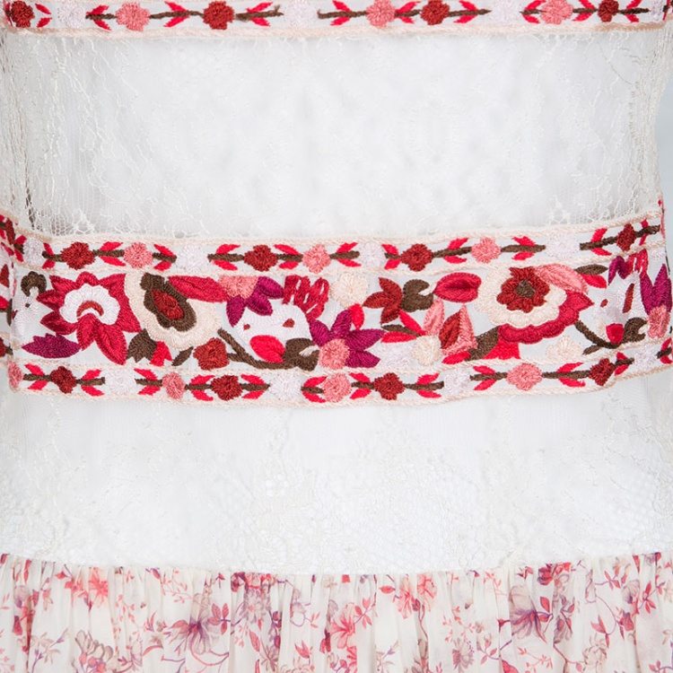 Pre Owned Etro Cream and Red Floral Embroidered Paneled Lace Sheer Maxi Dress M 