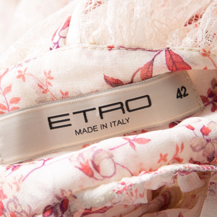 Pre Owned Etro Cream and Red Floral Embroidered Paneled Lace Sheer Maxi Dress M 