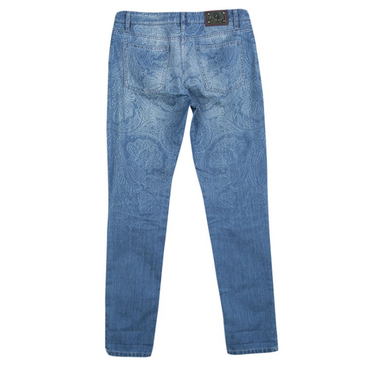 Etro Indigo Faded Effect Paisley Printed Denim Slim Fit