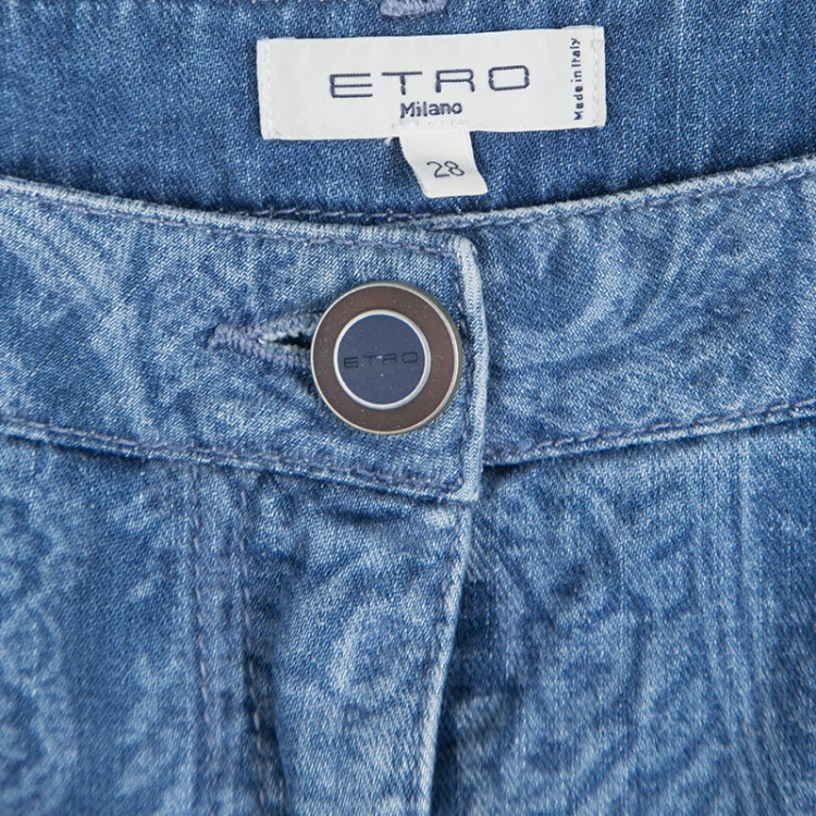Pre Owned Etro Indigo Faded Effect Paisley Printed Denim Slim Fit Jeans M