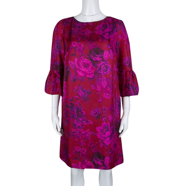 Pre Owned Etro Pink Rose Printed Silk Flute Sleeve Shift Dress M