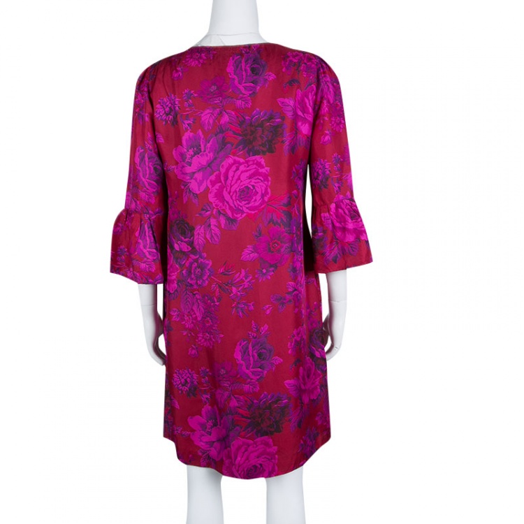 Pre Owned Etro Pink Rose Printed Silk Flute Sleeve Shift Dress M