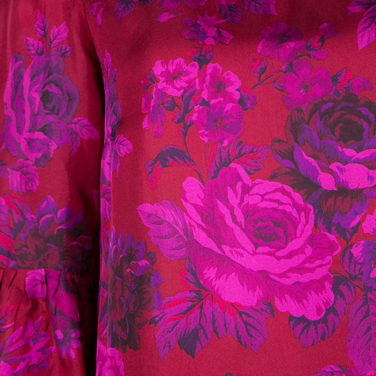 Pre Owned Etro Pink Rose Printed Silk Flute Sleeve Shift Dress M