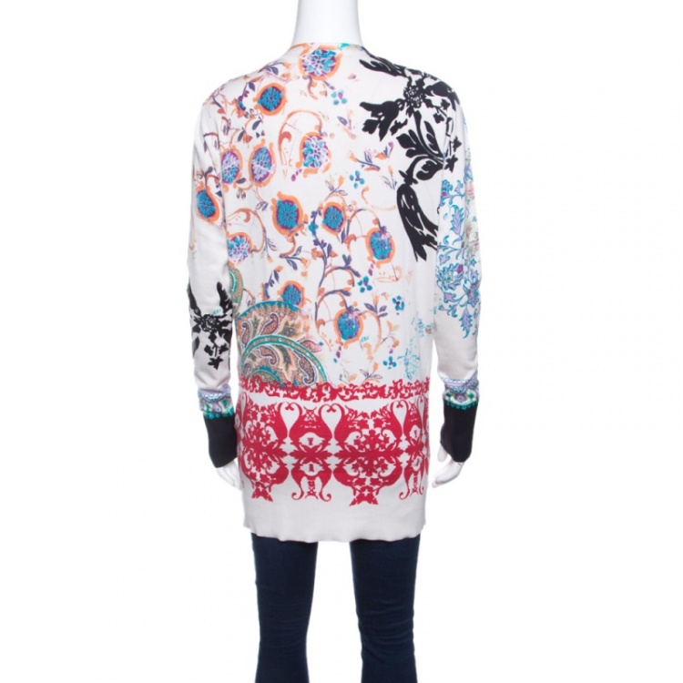 Pre Owned Etro Multicolor Printed Silk Knit Button Front Long Sleeve Cardigan M
