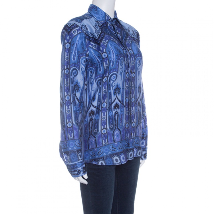 Pre Owned Etro Blue Printed Cotton Long Sleeve Button Front Shirt S