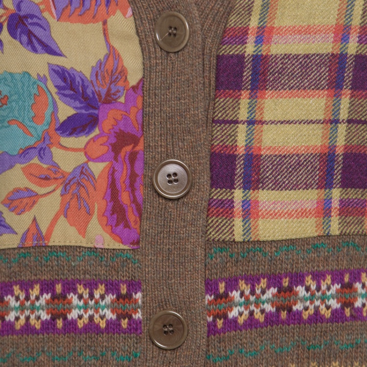 Pre Owned Etro Brown Patterned Wool Floral and Plaid Patch Detail Cardigan L