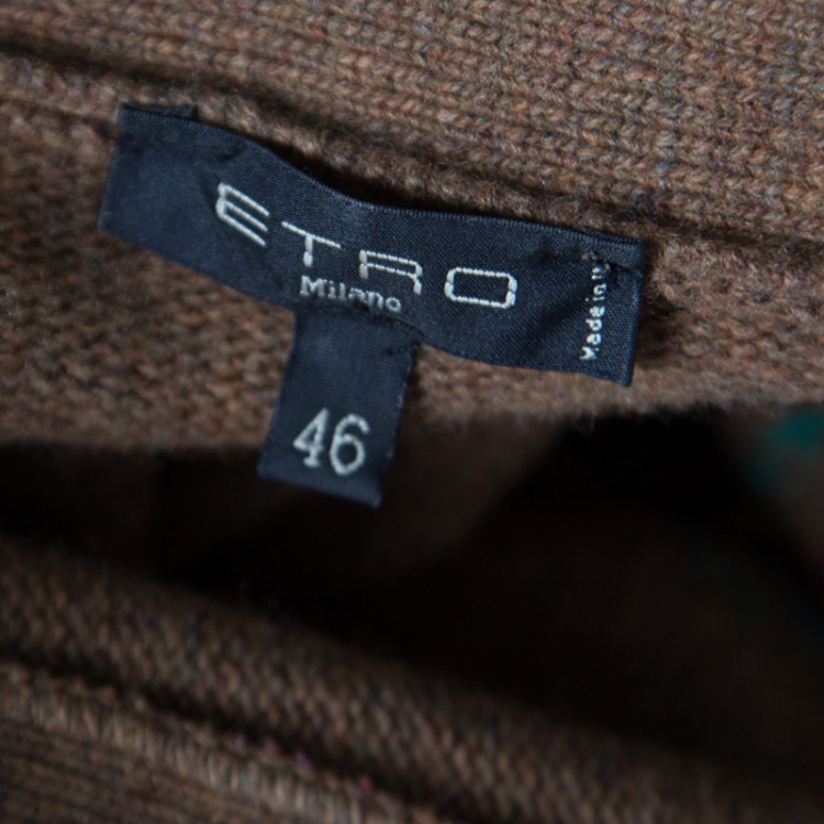 Pre Owned Etro Brown Patterned Wool Floral and Plaid Patch Detail Cardigan L