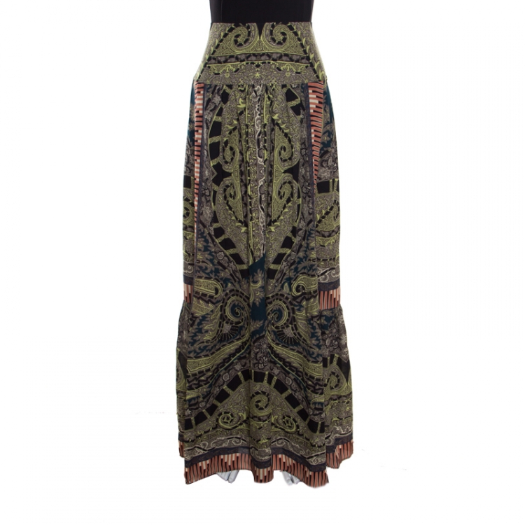 Pre Owned Etro Multicolor Printed Silk Pleat Detail Maxi Skirt S