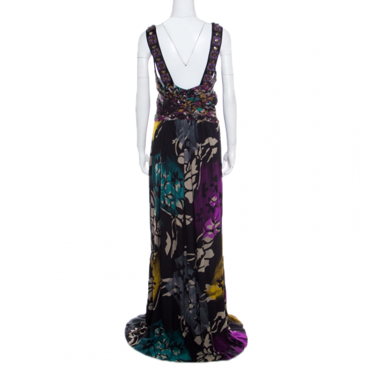 Pre Owned Etro Black Floral Printed Silk Beaded Strap Detail Draped Maxi Dress L