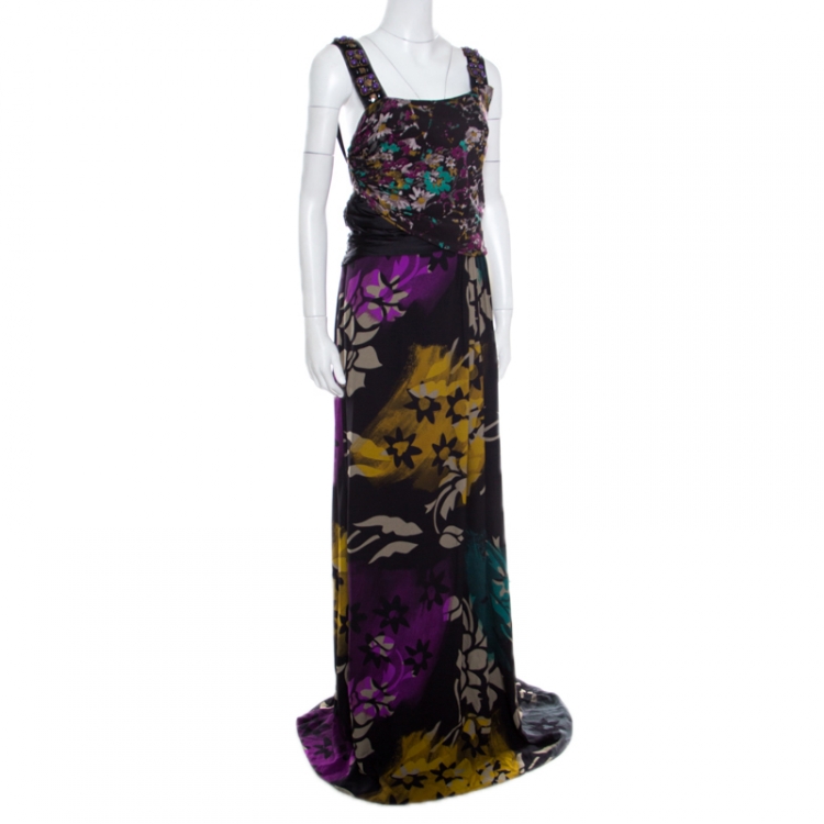 Pre Owned Etro Black Floral Printed Silk Beaded Strap Detail Draped Maxi Dress L