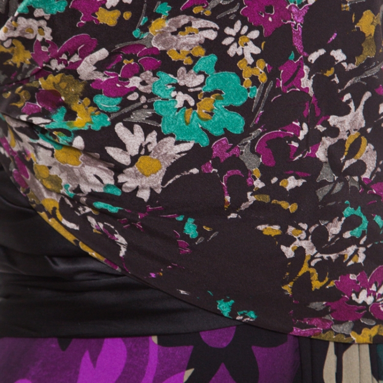 Pre Owned Etro Black Floral Printed Silk Beaded Strap Detail Draped Maxi Dress L