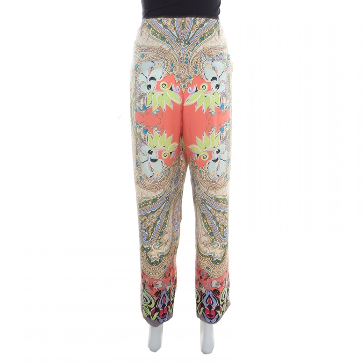 Pre Owned Etro Multicolor Printed Silk Waist Tie Detail Loose Pants M