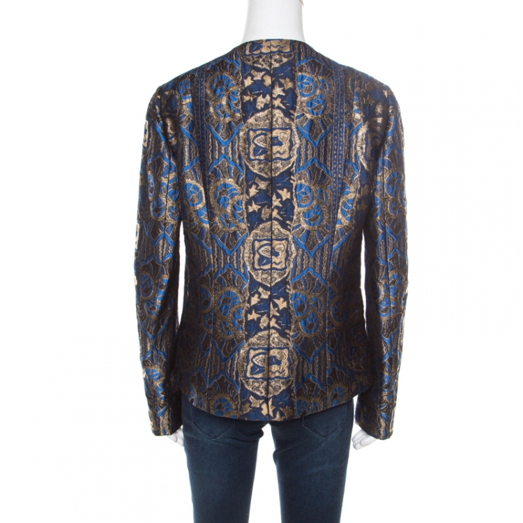 Pre Owned Etro Blue and Gold Lurex Embroidered Jacquard Jacket L