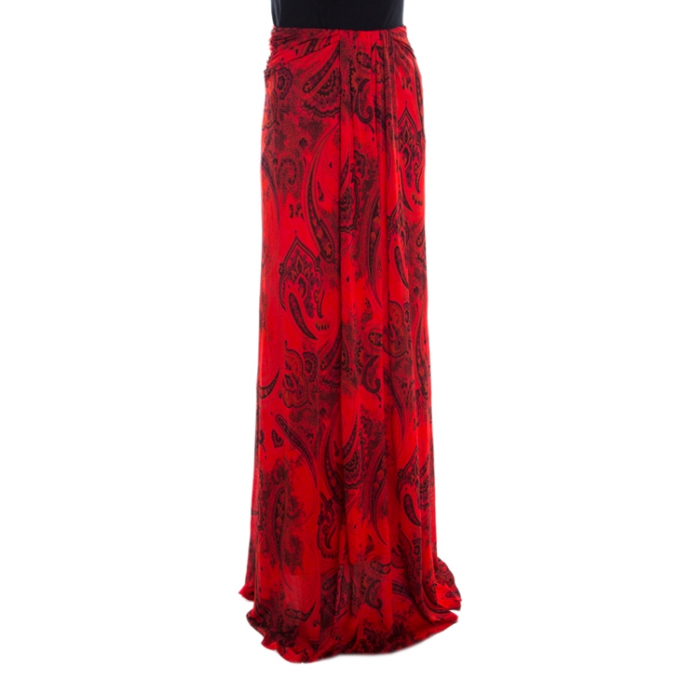 Pre Owned Etro Red Paisley Print Jersey Draped Maxi Skirt S