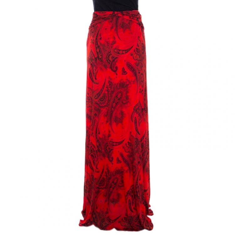 Pre Owned Etro Red Paisley Print Jersey Draped Maxi Skirt S