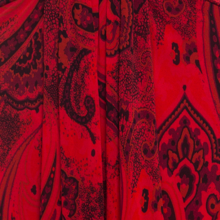 Pre Owned Etro Red Paisley Print Jersey Draped Maxi Skirt S