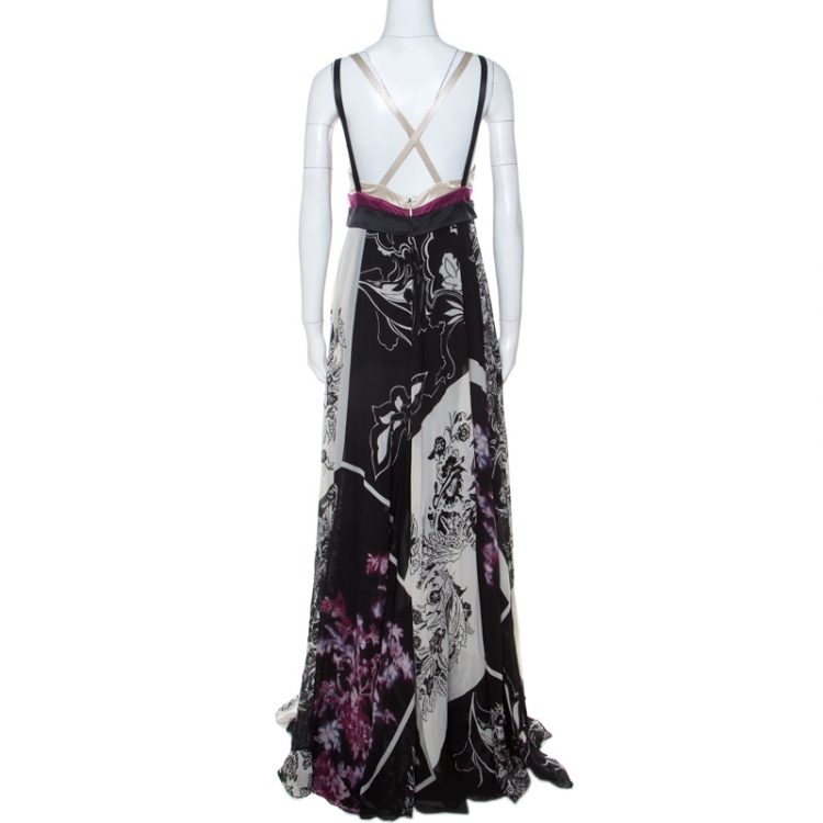 Pre Owned Etro Lavender and Black Floral Printed Silk Draped Maxi Dress M