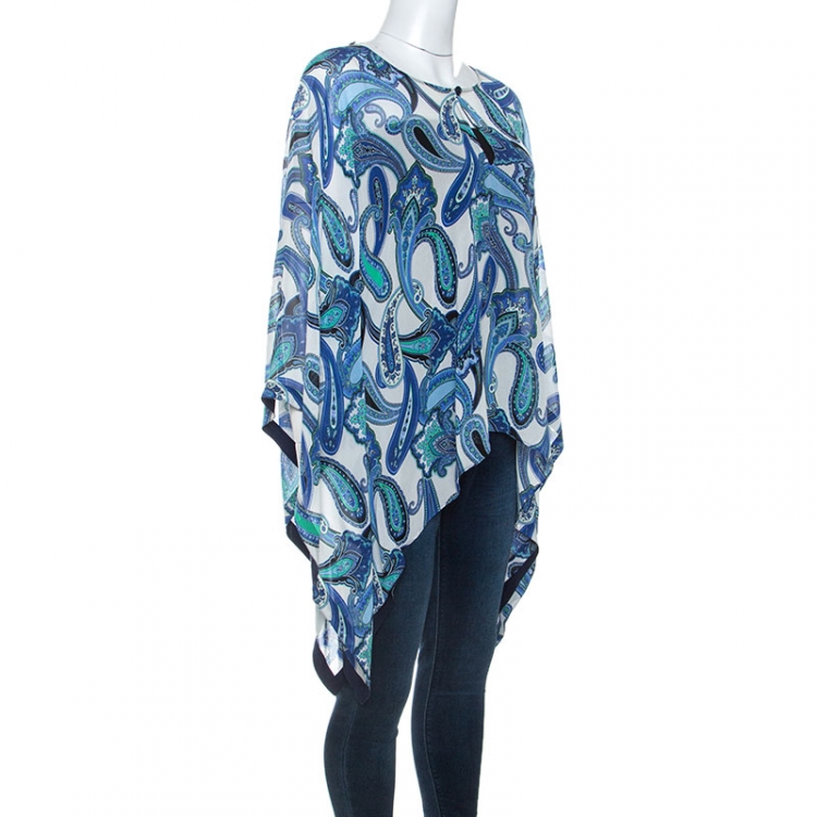 Pre Owned Etro Blue Paisley Print Chiffon Poncho Top L 