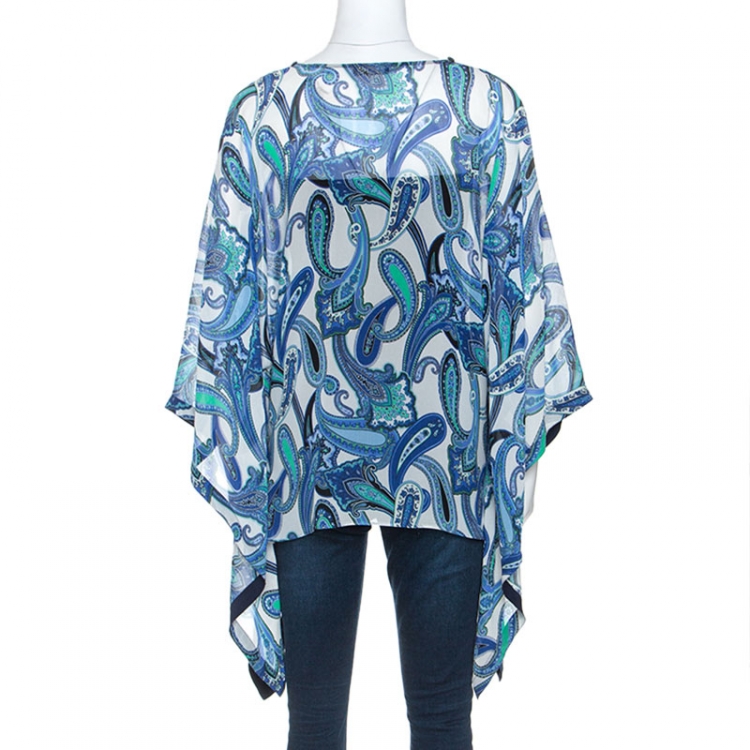 Pre Owned Etro Blue Paisley Print Chiffon Poncho Top L 