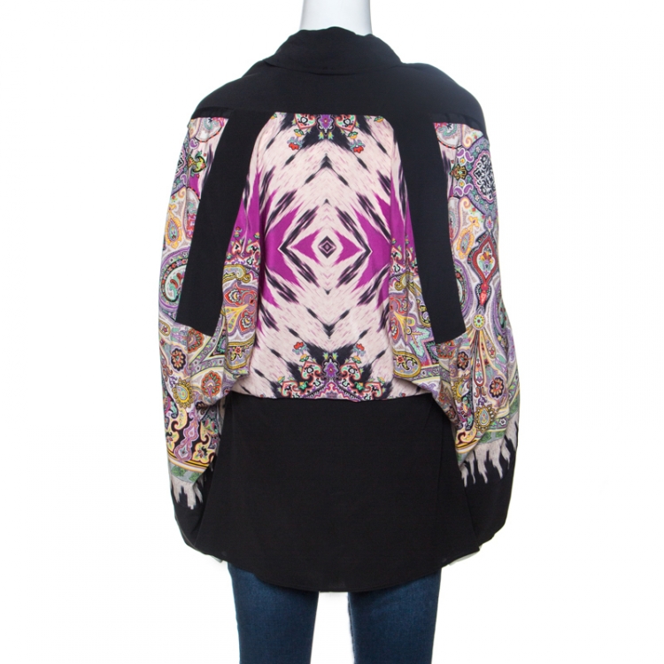 مملوكة مسبقًا Etro Black Contrast Print Panelled Silk Drop Shoulder Top M