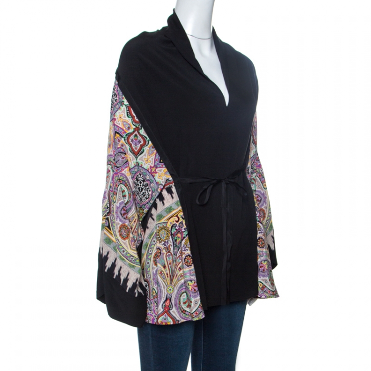 مملوكة مسبقًا Etro Black Contrast Print Panelled Silk Drop Shoulder Top M