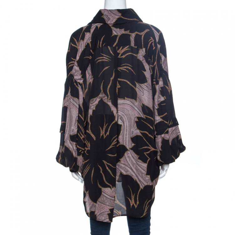 Pre Owned Etro Black Floral Print Silk Drop Shoulder Oversized Blouse M