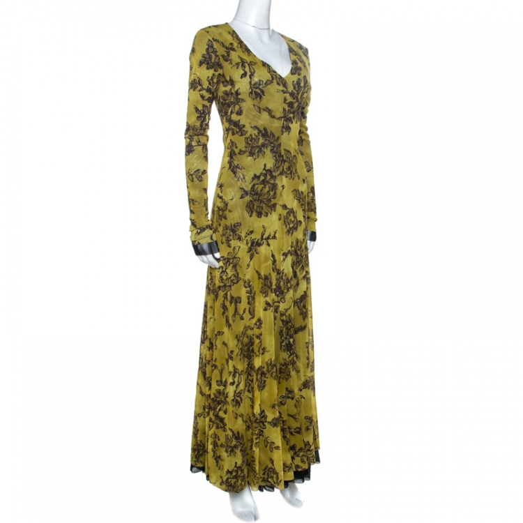 Pre Owned Etro Olive Green Printed Knit Flared Maxi Dress L