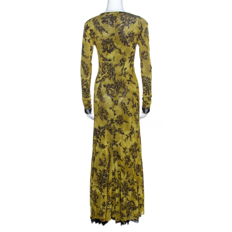 Pre Owned Etro Olive Green Printed Knit Flared Maxi Dress L