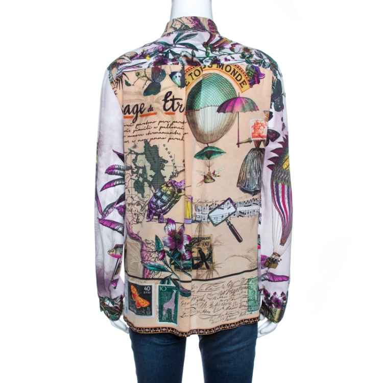 Pre Owned Etro Beige Animal Post Card Print Silk Long Sleeve Shirt L