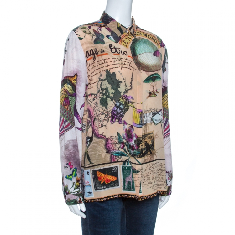 Pre Owned Etro Beige Animal Post Card Print Silk Long Sleeve Shirt L