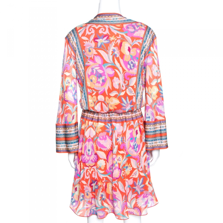 Pre Owned Etro Orange Floral Print Knit Drawstring Waist Flared Dress M