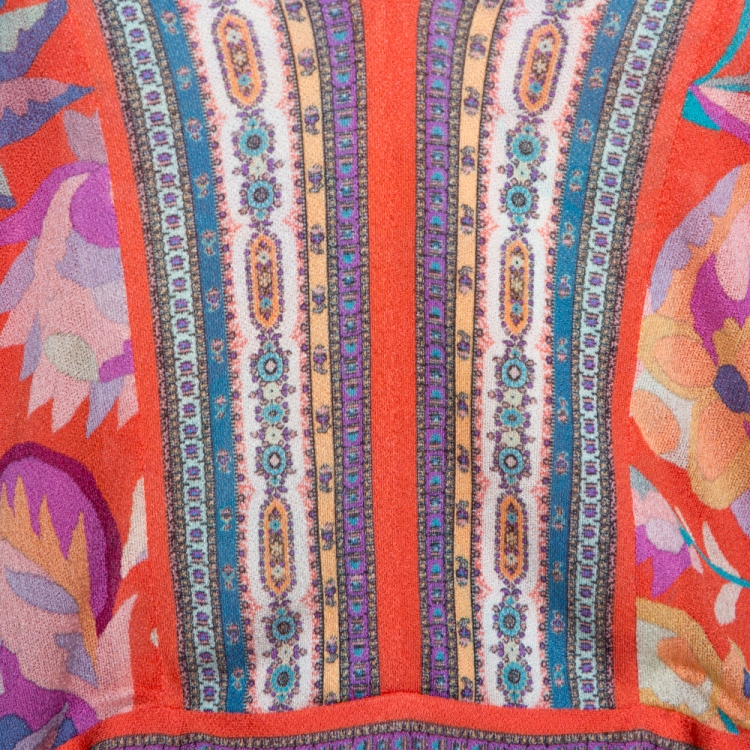 Pre Owned Etro Orange Floral Print Knit Drawstring Waist Flared Dress M