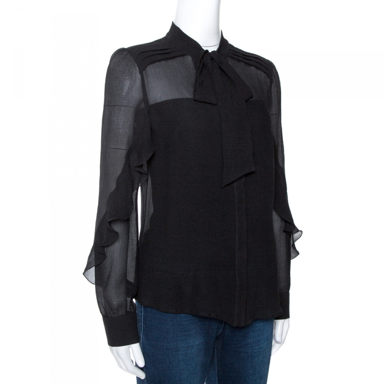 مملوكة مسبقًا Etro Black Crinkled Silk Bow Detail Sheer Blouse M