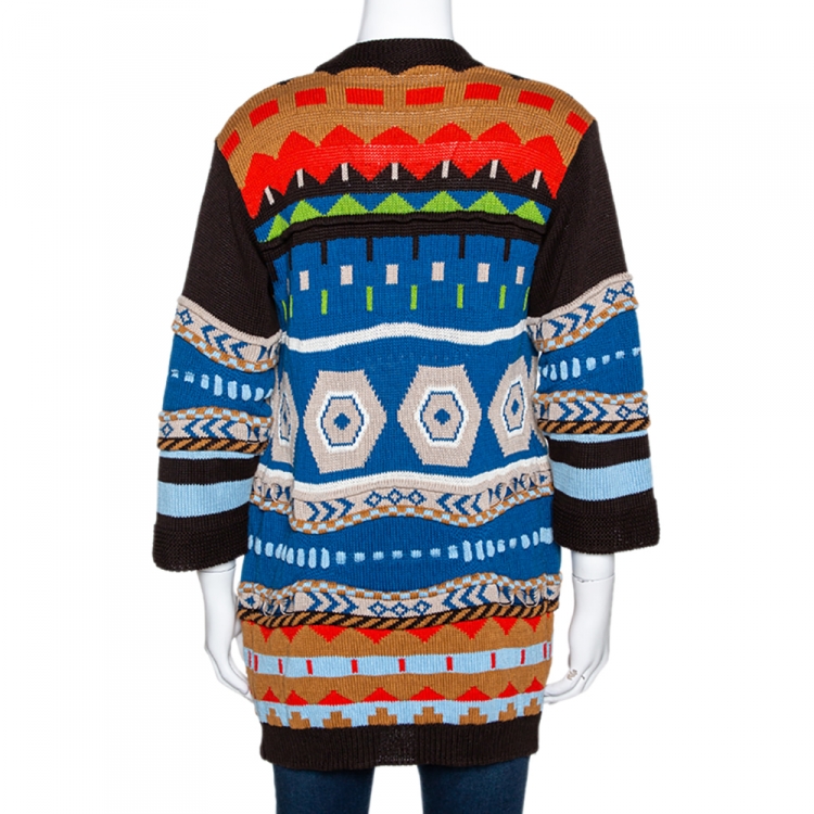 Pre Owned Etro Multicolor Geometric Jacquard Knit Open Front Cardigan S